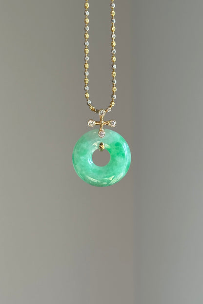 #P0574 "Blossom Bi" Icy Sun Green Jadeite Jade Donut 18K Yellow Gold Pendant