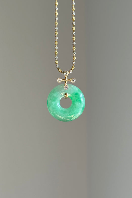 #P0574 "Blossom Bi" Icy Sun Green Jadeite Jade Donut 18K Yellow Gold Pendant