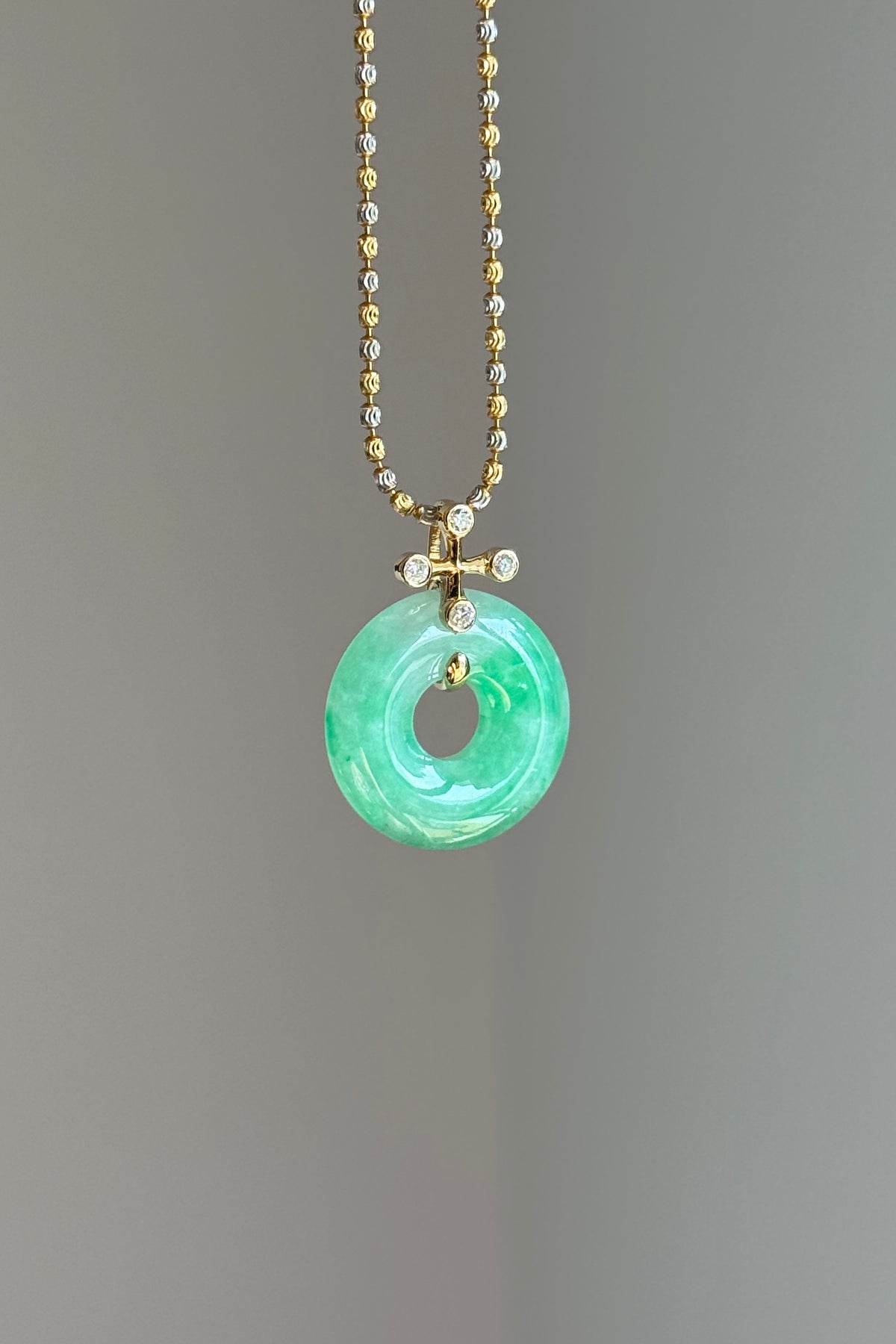 #P0574 "Blossom Bi" Icy Sun Green Jadeite Jade Donut 18K Yellow Gold Pendant