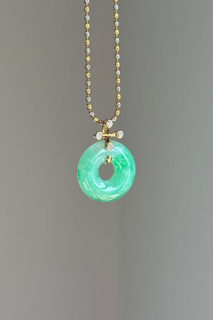 #P0574 "Blossom Bi" Icy Sun Green Jadeite Jade Donut 18K Yellow Gold Pendant