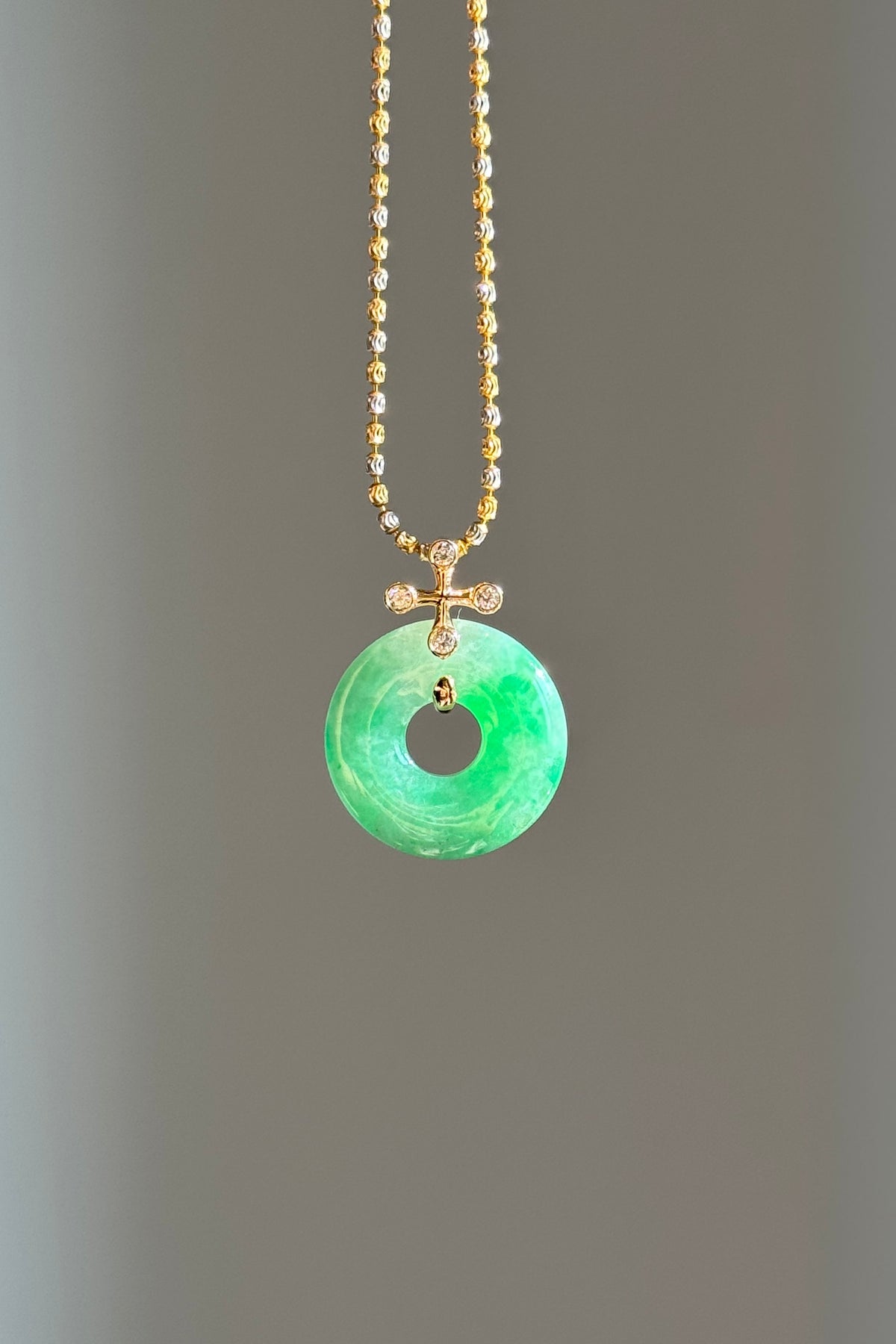 #P0574 "Blossom Bi" Icy Sun Green Jadeite Jade Donut 18K Yellow Gold Pendant