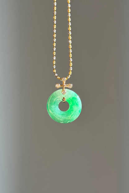 #P0574 "Blossom Bi" Icy Sun Green Jadeite Jade Donut 18K Yellow Gold Pendant