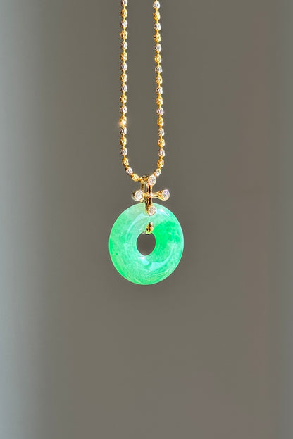 #P0574 "Blossom Bi" Icy Sun Green Jadeite Jade Donut 18K Yellow Gold Pendant