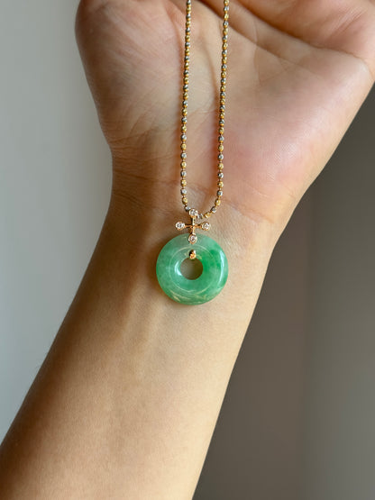 #P0574 "Blossom Bi" Icy Sun Green Jadeite Jade Donut 18K Yellow Gold Pendant