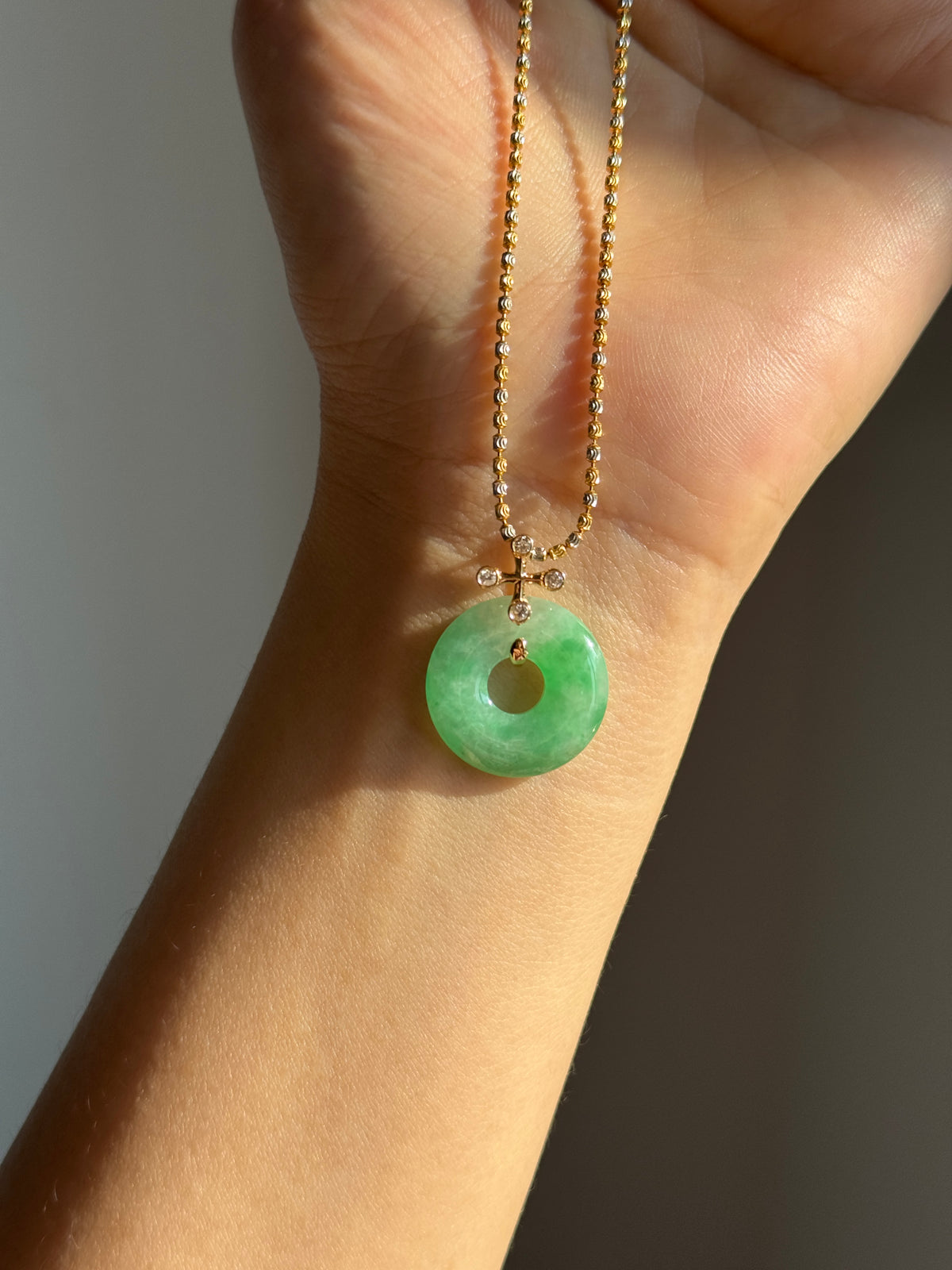 #P0574 "Blossom Bi" Icy Sun Green Jadeite Jade Donut 18K Yellow Gold Pendant