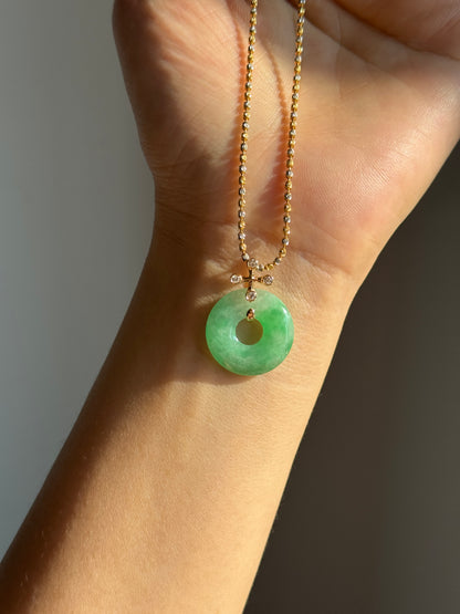 #P0574 "Blossom Bi" Icy Sun Green Jadeite Jade Donut 18K Yellow Gold Pendant