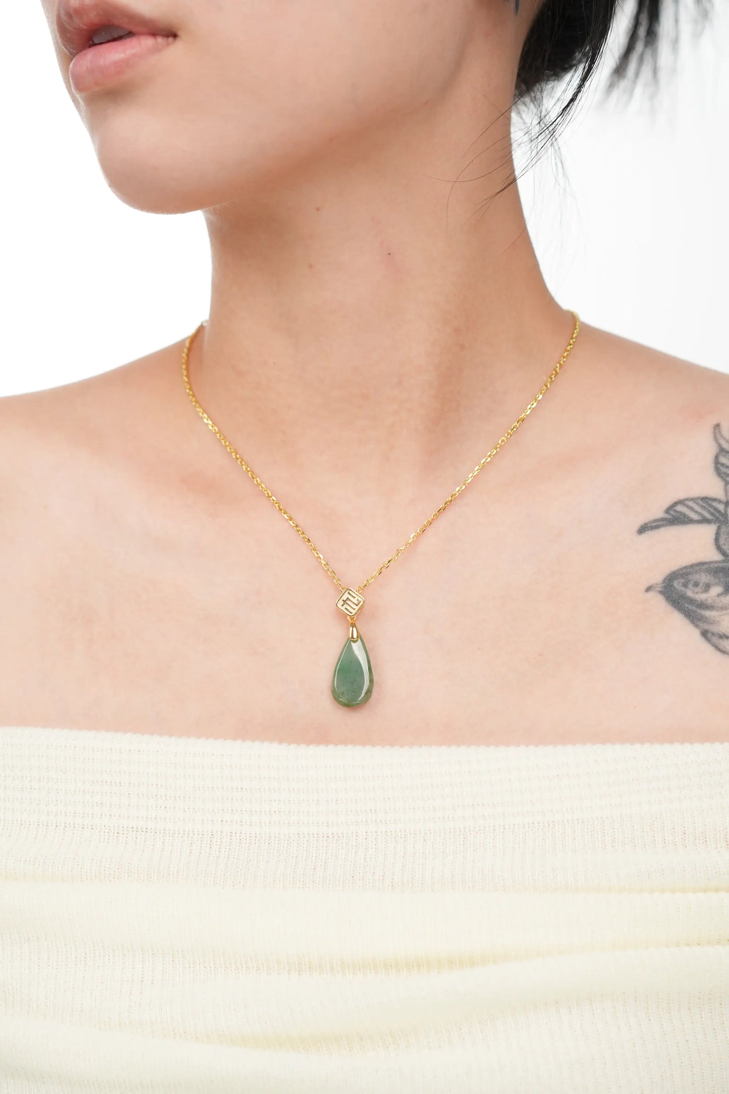 "Water Drop" Oil Green Jadeite Jade Pendant Necklace