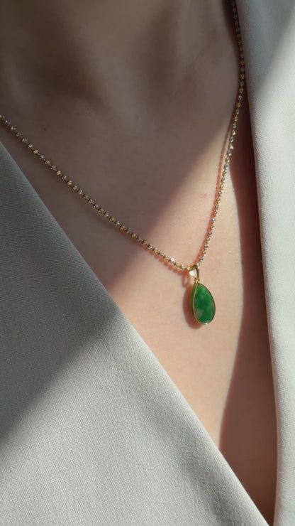 #0466 "Water Drop" Icy Imperial Green Jadeite Jade 18K Yellow Gold Pendant