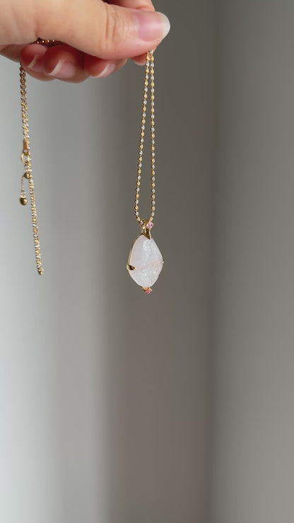 #P0556 "Guan Yin" Icy Light Pink Red White Jadeite Jade 18K Yellow Gold Pendant