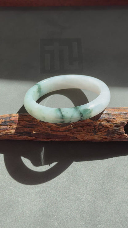 #0315 Icy Bluish Green Flower Jade Bangle Size 55.4