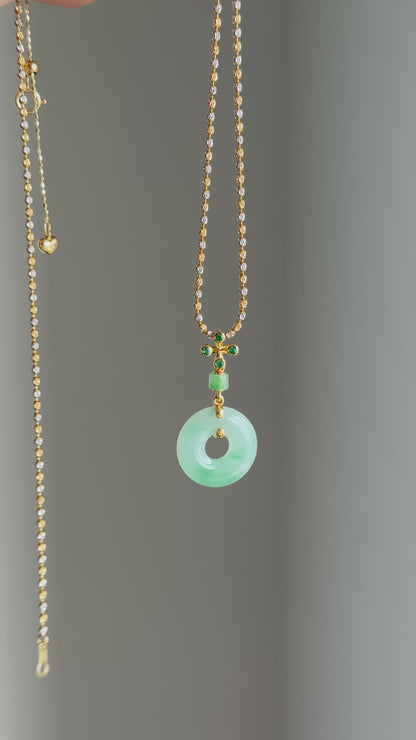 #P0541 "Bi" Icy Sun Green Jadeite Jade Donut 18K Yellow Gold Pendant