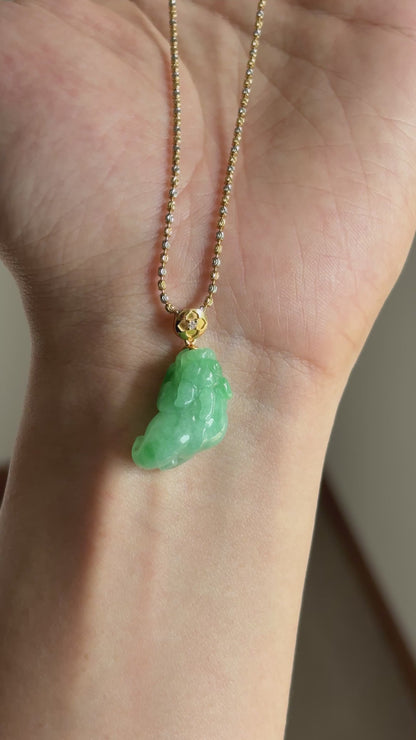 #P0526 "Pixiu" Icy Sun Green Jadeite Jade 18K Yellow Gold Pendant