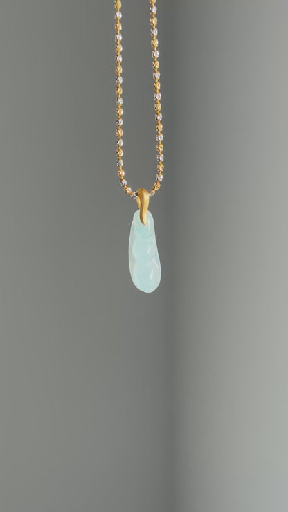 #P0506 "Fortune Bean" Highly Icy White Light Blue Jadeite Jade 18K Yellow Gold Pendant