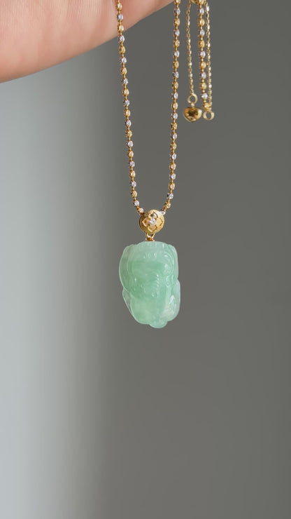 #P0494 "Pixiu" Highly Icy Green Jadeite Jade 18K Yellow Gold Pendant