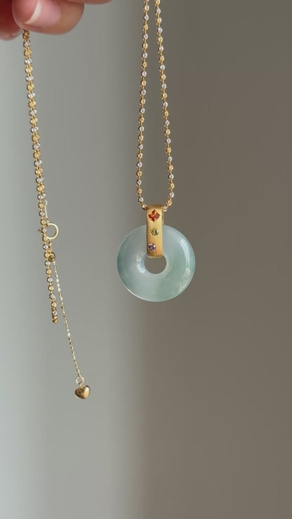 #P0544 "Bi" Icy Blue Green Jadeite Jade Donut 18K Yellow Gold Pendant