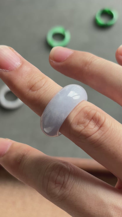 #R0607 Icy Lavender Yellow Flower Jadeite Jade Wide Band Ring Size 8