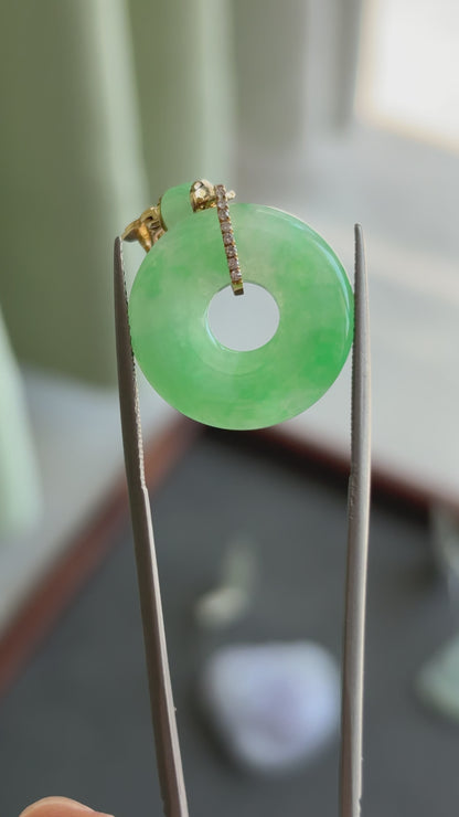 #0434 "Bi" Icy Bright Sun Green Jadeite Jade Donut 18K Yellow Gold VS Diamonds Pendant
