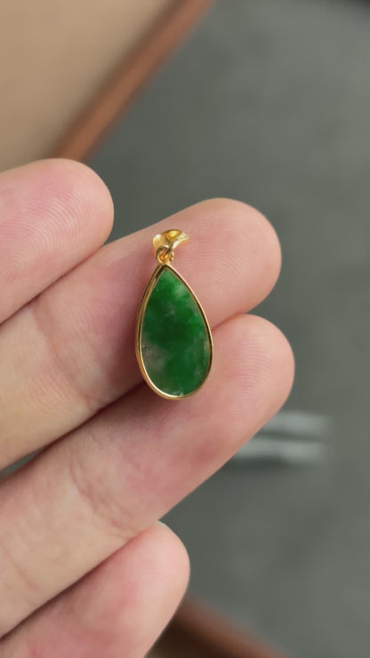 #0466 "Water Drop" Icy Imperial Green Jadeite Jade 18K Yellow Gold Pendant