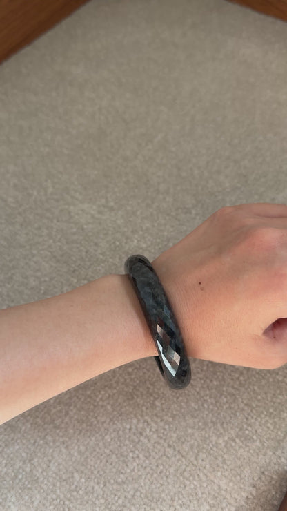 #0316 Diamond Cut Black Jade Bangle Size 57.6