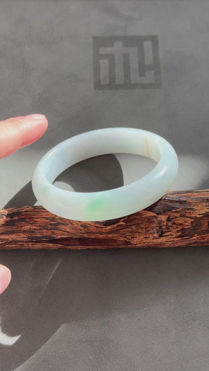 #0324 Icy White Sun Green Spot Jade Bangle Size 57.3
