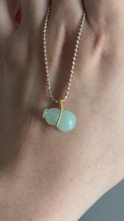 #0481 "Hulu/Gourd" Icy Light Green Jadeite Jade 18K Yellow Gold Pendant
