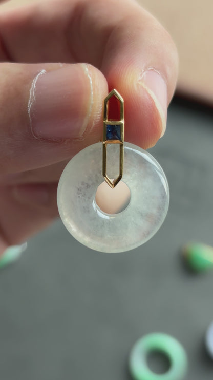 #0473 "Bi" Highly Icy White Jadeite Jade 18K Yellow Gold Pendant