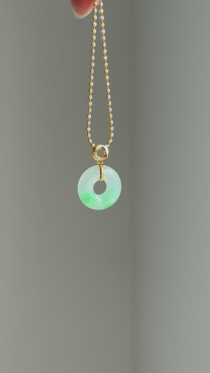 #P0464 "Bi" Icy Bright Sun Green Jadeite Jade Donut 18K Yellow Gold Pendant