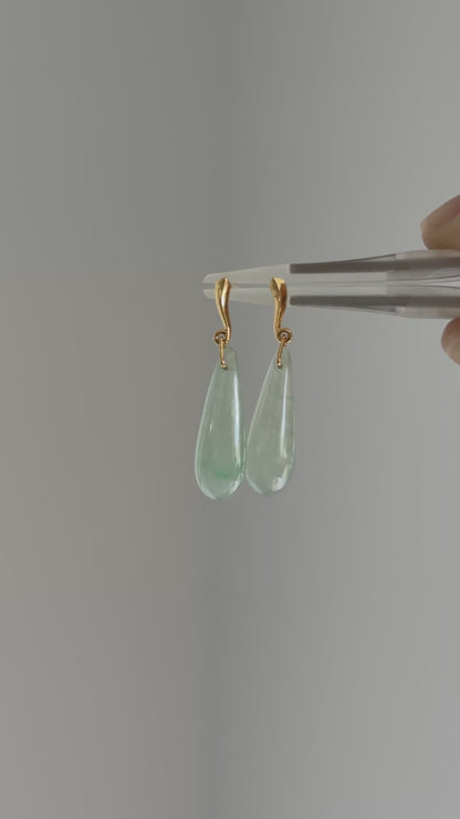 #E0304 "Water Drop" Icy Blue Green Jadeite Jade 18K Yellow Gold Earrings
