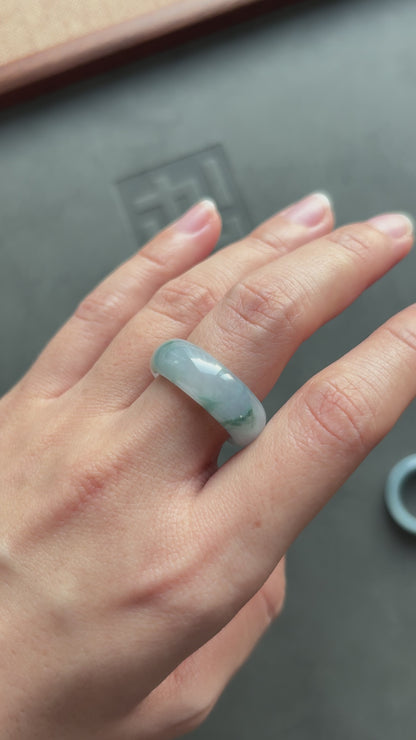 #R0618 "Monet" Icy Lavender Green Yellow Flower Jadeite Jade Band Ring Size 8