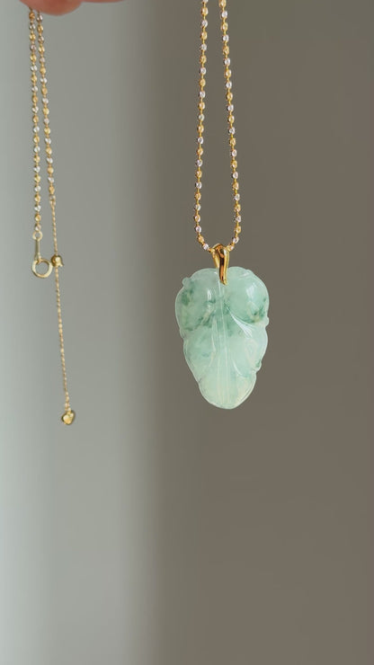 #P0545 "Leaf" Icy Green Flower Jadeite Jade 18K Yellow Gold Pendant