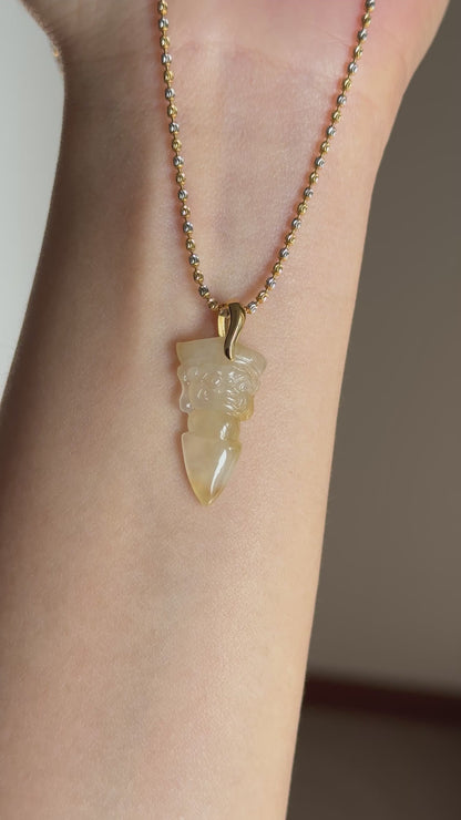 #P0529 “Vajra/Thunderbolt“ Icy Yellow Jadeite Jade 18K Yellow Gold Pendant