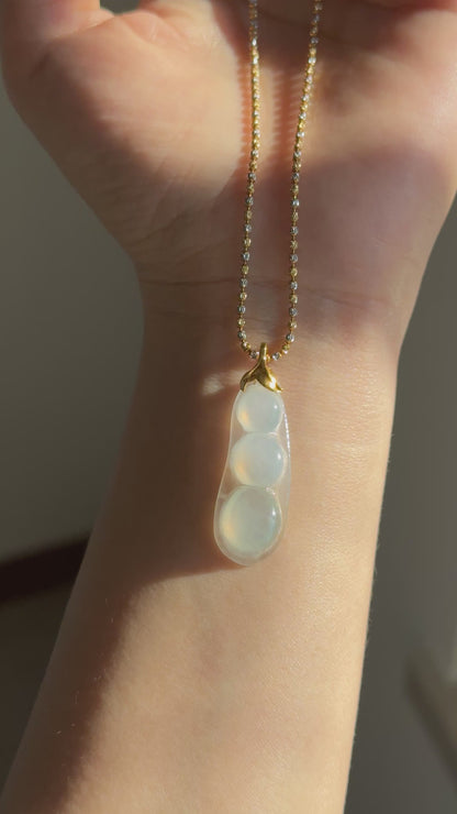 #P0489 "Fortune Bean" Highly Icy White with Light Green Tone Jadeite Jade 18K Yellow Gold Pendant