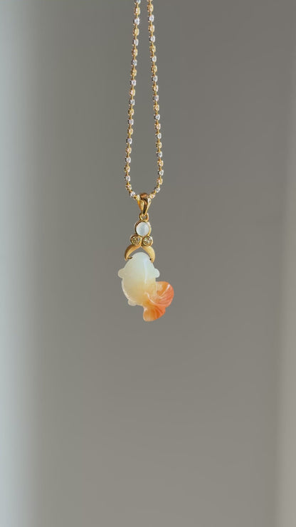 #P0548 "Goldfish" Icy Red Jadeite Jade 18K Yellow Gold Pendant