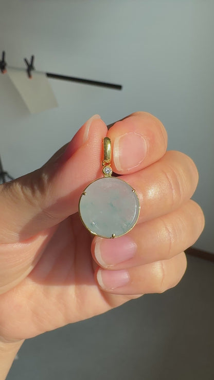 #0463 "Wushi/Peace" Icy Lavender Green Flower Jadeite Jade 18K Yellow Gold Pendant