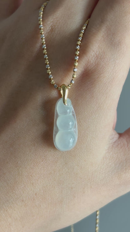 #P0483 "Fortune Bean" Highly Icy White Jadeite Jade 18K Yellow Gold Pendant