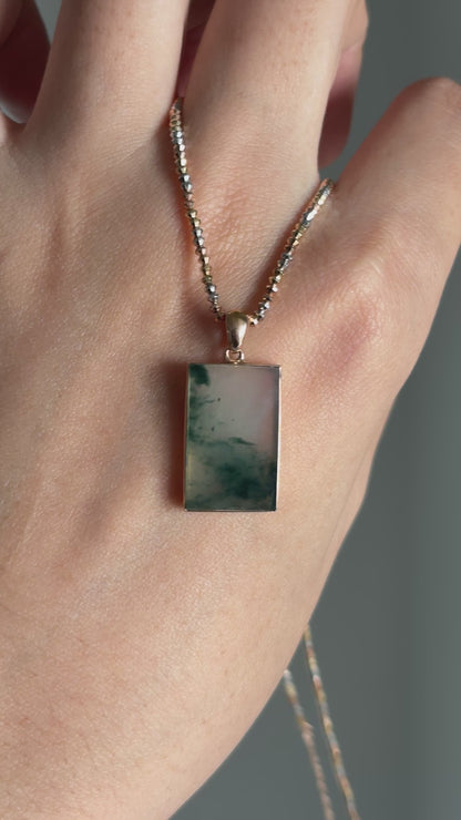 #P0486 "Wushi/Peace" Highly Icy Bluish Green Jadeite Jade Peace 18K Rose Gold Pendant