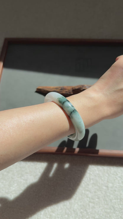 #0315 Icy Bluish Green Flower Jade Bangle Size 55.4