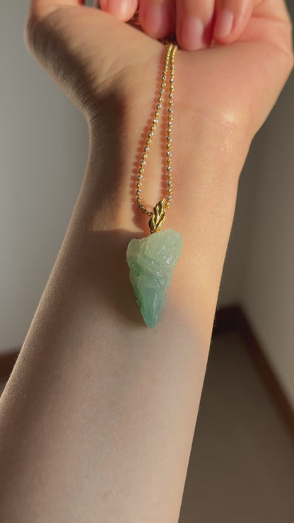 #P0533 "Fire Dragon" Icy Green Jadeite Jade 18K Yellow Gold Pendant
