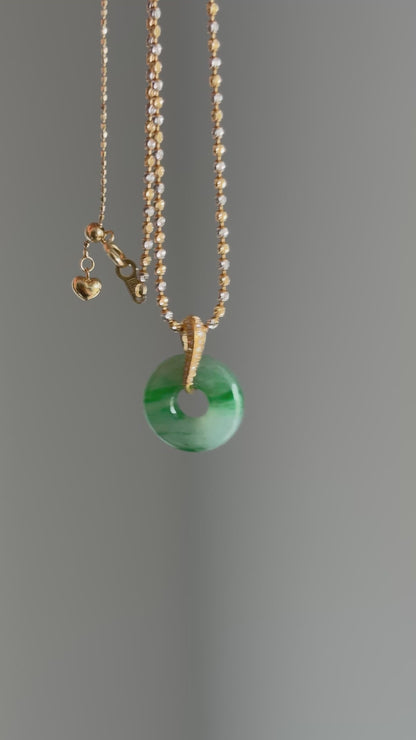 #P0480 "Bi" Icy Imperial Sun Green Jadeite Jade Donut 18K Yellow Gold Pendant