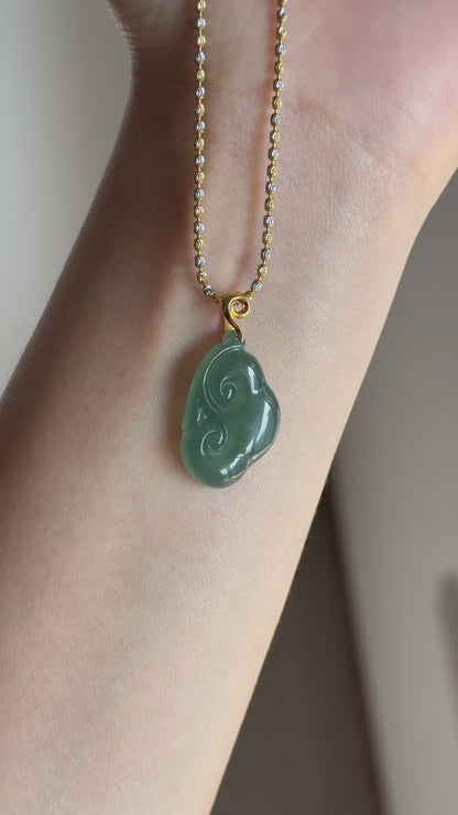 #P0527 "Ruyi / As Your Wish" Highly Icy Blue Water Rich Lake Green Jadeite Jade 18K Yellow Gold Pendant