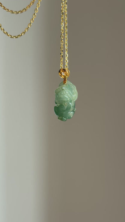 #P0542 "Pixiu" Icy Blue Water Green Jadeite Jade 18K Yellow Gold Pendant