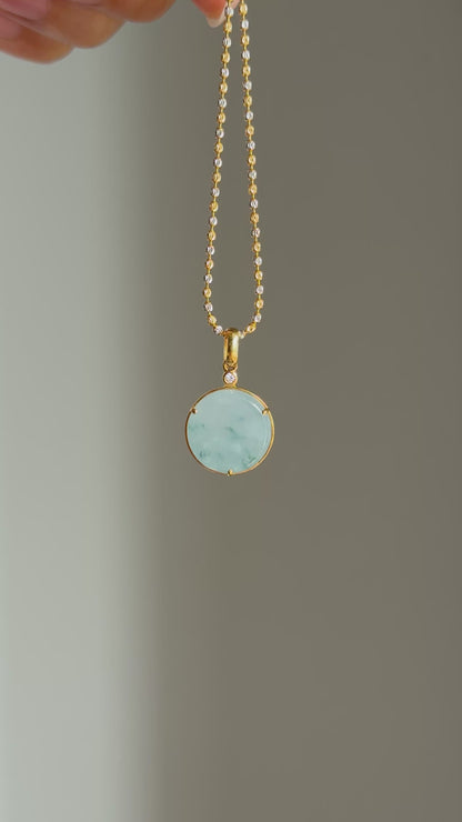 #P0463 "Wushi/Peace" Icy Lavender Green Flower Jadeite Jade 18K Yellow Gold Pendant
