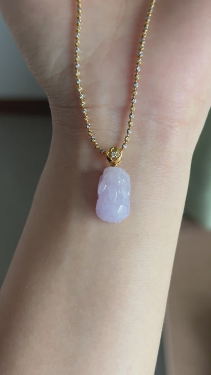 #P0497 "Pixiu" Icy Pink Lavender Jadeite Jade 18K Yellow Gold Pendant
