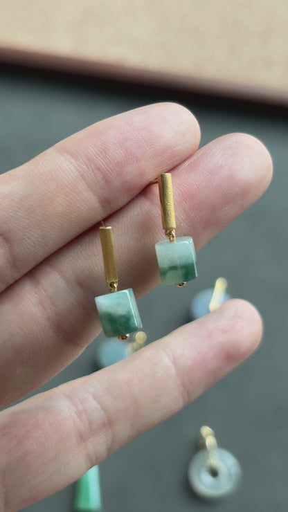 #E0303 Icy Bluish Green Flower Jadeite Jade Cylinder 18K Yellow Gold Earrings