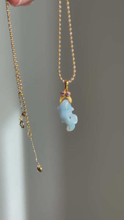 #P0520 "Monet Goldfish" Icy Rich Lavender Green Red Flower Jadeite Jade 18K Yellow Gold Pendant