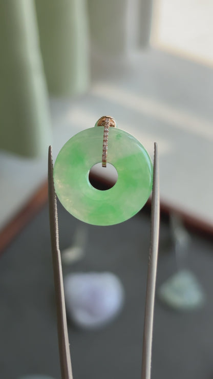 #0432 "Bi" Highly Icy Bright Sun Green Jadeite Jade Donut 18K Rose Gold VS Diamonds Pendant