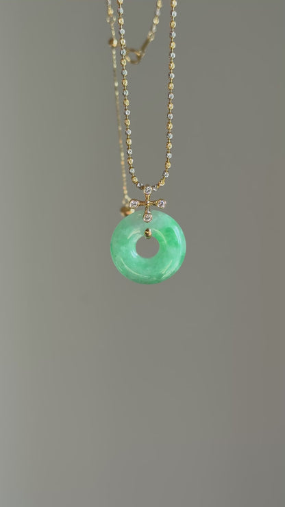#P0574 "Blossom Bi" Icy Sun Green Jadeite Jade Donut 18K Yellow Gold Pendant