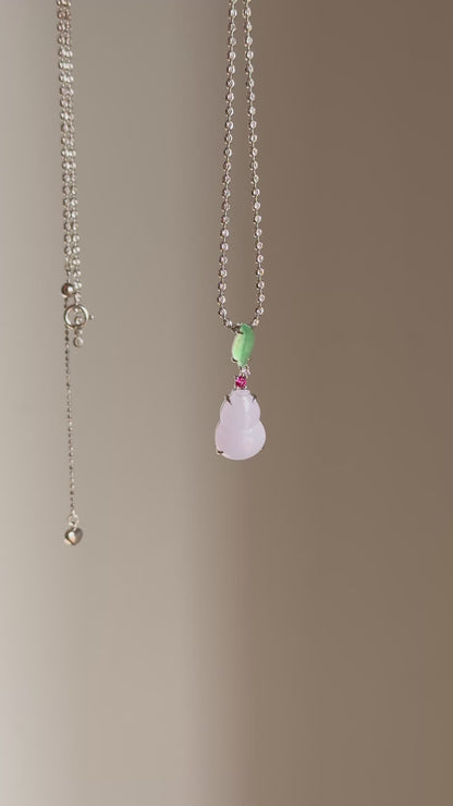 #P0537 "Hulu/Gourd" Icy Pink Lavender & Sun Green Jadeite Jade 18K White Gold Pendant