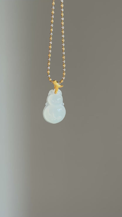 #P0513 "Hulu/Gourd" Icy White Jadeite Jade 18K Yellow Gold Pendant