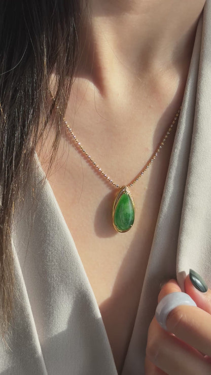 #0469 "Water Drop" Icy Imperial Green Jadeite Jade 18K Yellow Gold Pendant